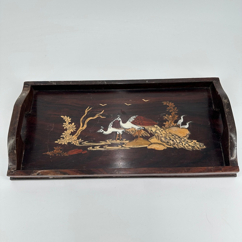 Vintage Dark Wood Serving Tray Peacock Crane Inlay Decorative Handles